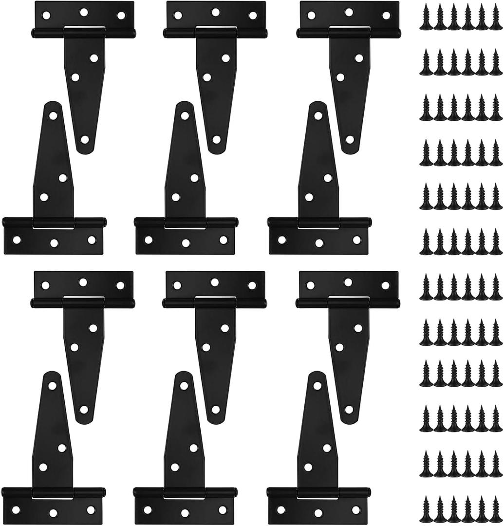 6 Pack 3 Inch T Strap Hinges, Shed Door Gate Hinges, Heavy Duty Black Outdoor Tee Hinge for Wooden Fences, Barn Door Gates Hinge for Shed Door Hardware