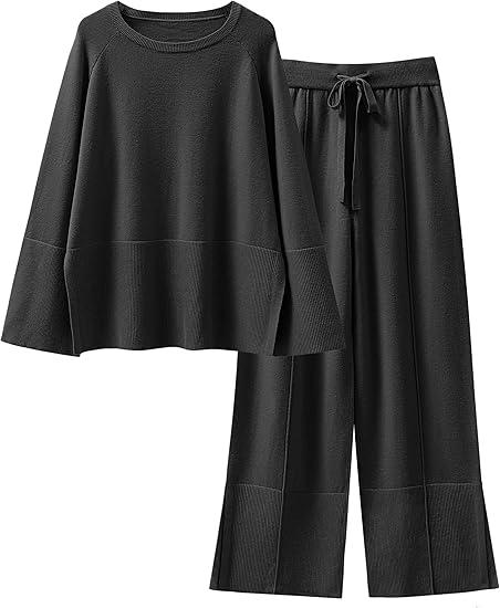 ANRABESS Women's 2 Piece Outfits Oversized Knit Sweater Set Wide Leg Pant Cozy Lounge Matching Pajama Sets 2025 Trendy Clothes, Large