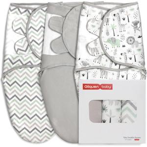 GLLQUEN BABY Organic Swaddle Sleep Sacks for Newborn - Baby Swaddles 0-3 Months, 3-Pack Newborn Swaddling Sack, Gray Stripe & Animal World, Baby Swaddle Blanket Wrap (Small/Medium)