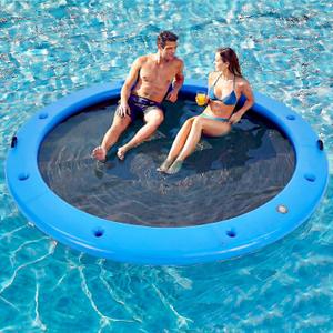 12FT Round Inflatable Floating Dock, Sunchill Float Ring, Water Hammock Tanning Pool Floats with Woven Fabric, Manual Pump for Quick Inflate/Deflate, Fits 2-8, Ideal for Lakes, Oceans