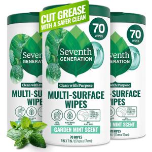Seventh Generation Multi-Surface Wipes, 70 Count, Pack of 3, Garden Mint, Plant-Based Cleaning Wipes, No Harsh Fumes or Residue, Safe Around Kids