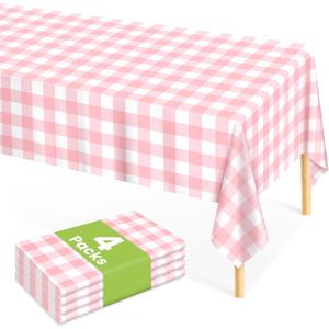 Mulbozy 4 Pcs Pink Gingham Tablecloth 54 108 Inches Pink and White Checkered Table Cloth Disposable Plastic Waterproof Tablecover for Outdoor Picnic, Birthday Party, Holiday Dinner