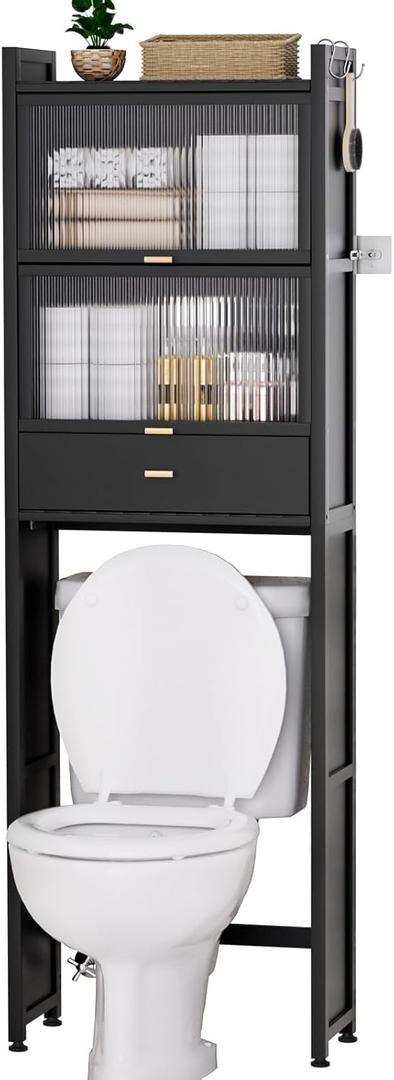 Over The Toilet Storage Cabinet with Drawer and Flip Door, Bamboo Bathroom Organizer Shelf with Anti-Tip Design and Waterproof Feet Pad,Freestanding Rack Above WC Space Saver (Black)