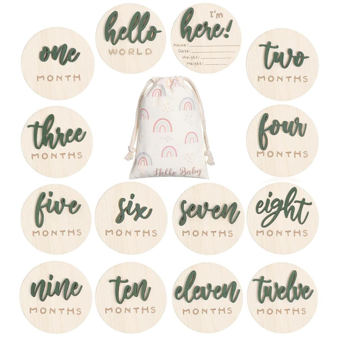 7 Pack 3D Baby Monthly Milestone Card Signs Baby Announcement Sign Double Sided Hello World Newborn Signs Wooden Circles Discs for Welcome Newborn Boy Girl Photo Props(Green,Letter)