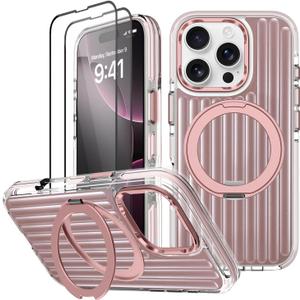 Magnetic Case for iPhone 16 Pro Case with Stand & 2X Screen Protector [Compatible with MagSafe] Military Grade Drop Protection Phone Cover with Ring Kickstand for Women Men, Pink Suitcase