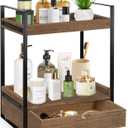 2-Tier Bathroom Organizer Countertop with Drawer, Wood Counter Shelf for Storage, Vanity Tray for Organization and Decor, Countertop Organizer for Bathroom, Kitchen, Office (Dark Brown)