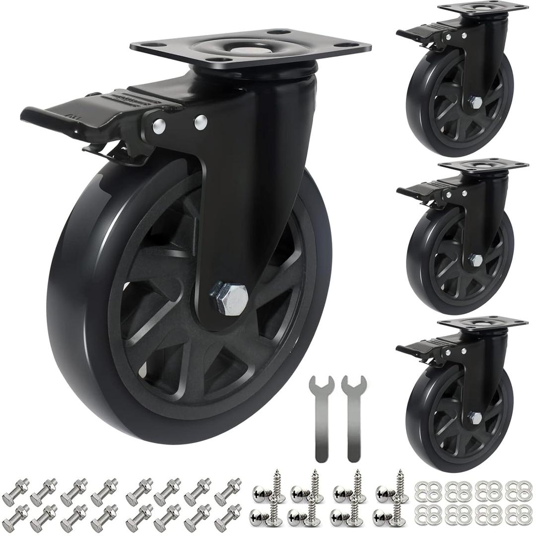 6 Inch Caster Wheels 3000lbs,Heavy Duty Casters Set of 4 with Brake, No Noise Polyurethane Swivel Caster Wheels for Cart,Furniture,Workbench(Free Screws & Spanners)