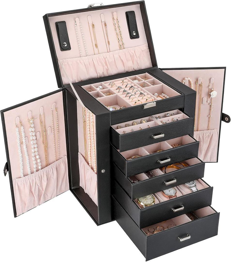 ProCase Large Jewelry Organizer Box for Women, 6 Layers Storage Display Holder Case with Drawers and Dividers for Earrings Necklaces Rings Bracelets, Mother's Day Gift -Black