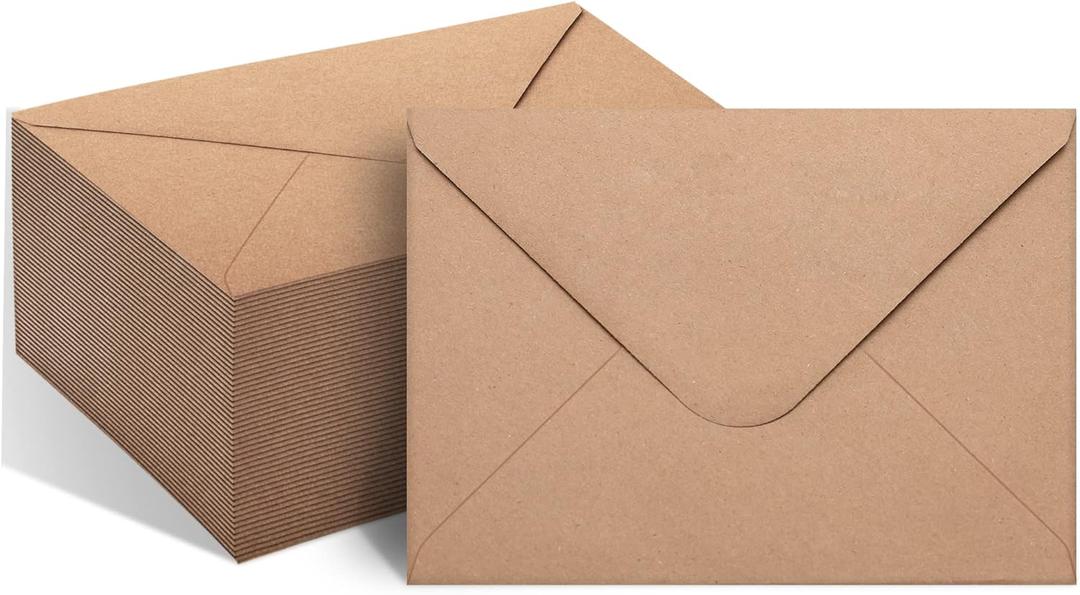 50 Packs of A7 Envelopes for Invitation, Kraft 5x7 Envelopes with V Flap, Great for Graduation, Invitation, Baby Shower, Wedding and RSVP Cards (Brown), One Size