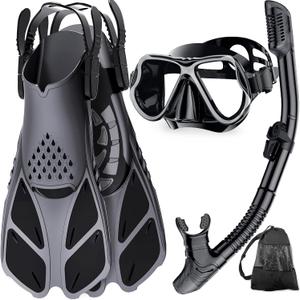 Zenoplige Mask Fins Snorkel Set, Snorkeling Gear for Adults, Panoramic View Snorkel Mask Anti-Fog, Adjustable Dive Flippers, Dry Top Snorkel and Travel Bag, Scuba Gear for Swimming Snorkeling Diving (Black)