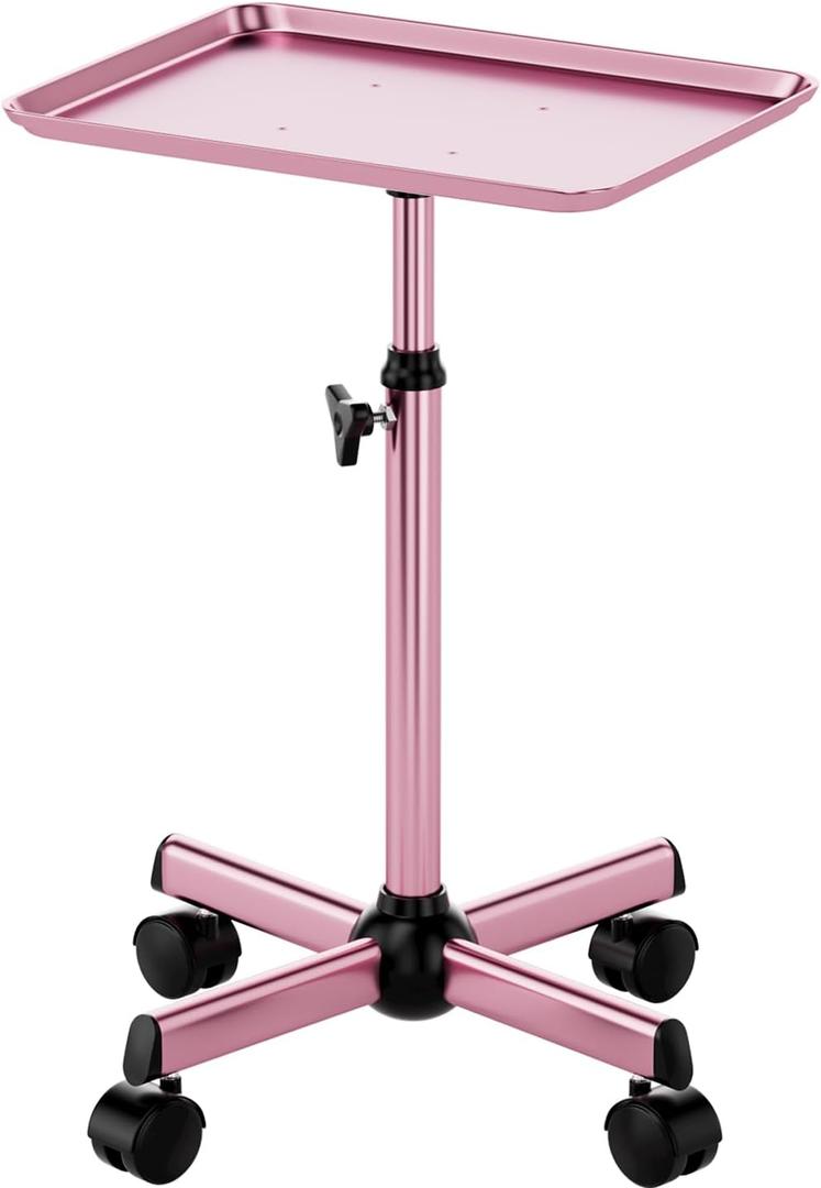 Salon Tray Cart Rolling Tray Spa Tray,Tattoo Tray Dental Tray Height Adjustable,Salon Tray on Wheels Premium Metal Rolling Trolley,Pink