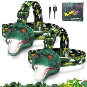 Kids Headlamp 2 Pack with Spray, Rechargeable Led Dinosaur Flashlight for Boys Girls Camping Gear, TRex Dinosaur Toys Headlights for Kids 3 4 5 6 7 8, Ideal Gifts for Birthday, Halloween, Christmas