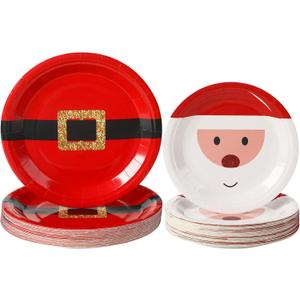 Cholemy 80 Pcs Christmas Disposable Plates Bulk Paper Santa Dinner Plates for Xmas Party Family Festive Holiday Party Supplies, 7 Inch & 9 Inch