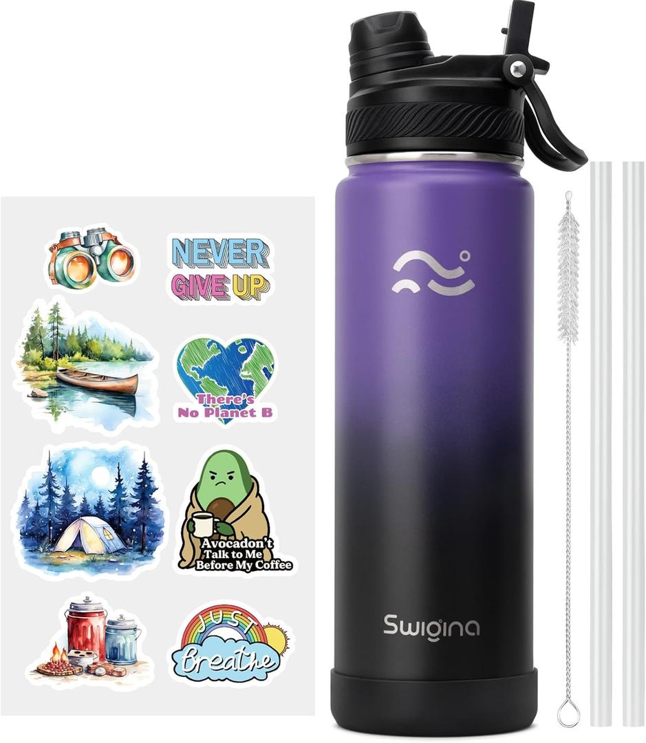 [2-IN-1 LID] Insulated Water Bottle with Silicone Boot (36hrs Cold/18hrs Hot) - DIY Stickers, Leakproof, BPA Free, 24 oz (Purple-Black)