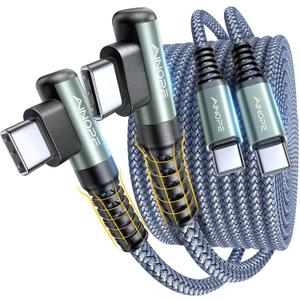 AINOPE USB C to USB C Cable (60W 2Pack 6.6ft) C to C Cable Fast Charging Type C Charger Fast Charging, Right Angle for Charging While Gaming & Lying Down Fit for iPhone 17 Pro Max Samsung iPad MacBook (Grey)