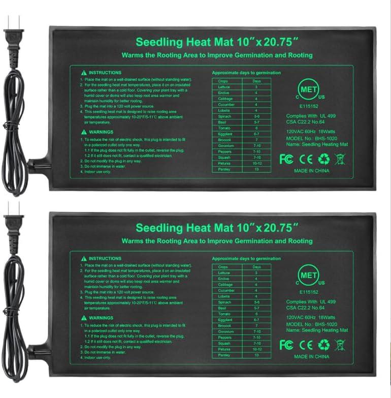 Bestio Seeding Heat Mat 10"x 20.75", 2 Pack Waterproof Durable Heat Mat for Seed Starting, UL and MET Certified Plant Heating Pad for Seed Germination, Hydroponics, Greenhouses