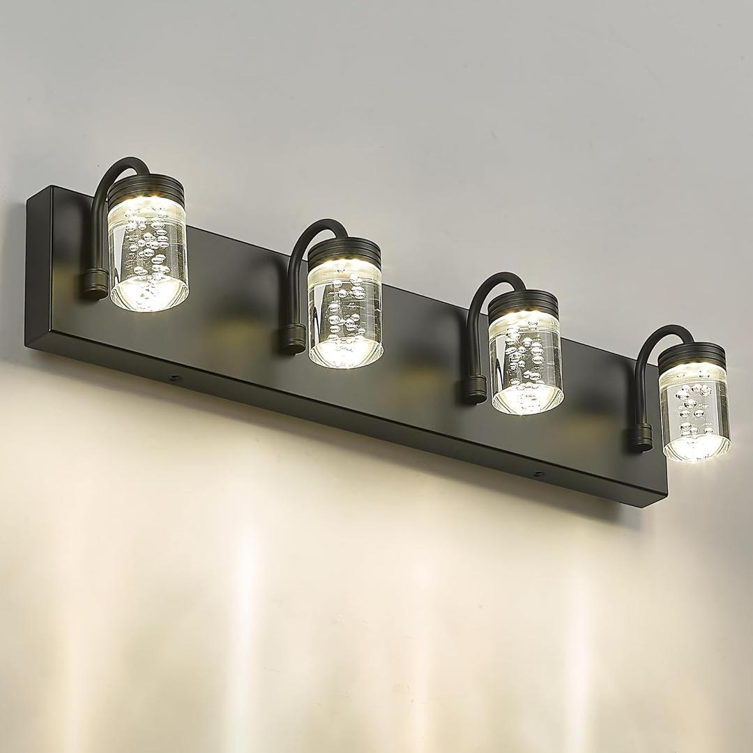 LMS 4 Lights Dimmable Crystal LED Vanity Light, Modern Matte Black Bathroom Light Fixtures 16W 3000/4000/5000K, LMS-193