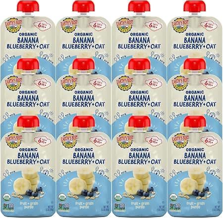 Earth's Best Organic Baby Food Pouches, Wholesome Breakfast Puree for Babies 6 Months and Older, Organic Banana Blueberry and Oat Puree, 3.5 oz Resealable Pouch (Pack of 12) BBD: 07-24-27