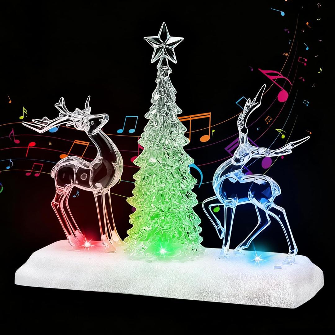Pinkunn Reindeer Christmas Tree Table Decoration, Lighted Musical Christmas Reindeer Tree Figurines, Holiday Centerpiece with LED Lights and Music, Battery Operated Xmas Gifts Tabletop Ornaments