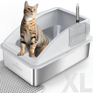 Amazon.com: Stainless Steel Litter Box | XL Enclosed Cat Litter Boxes with Lid for Big Cats | High Sided, Anti-Urine Leakage | Non-Stick Bottom & Includes Litter Mat & Metal Scoop : Pet Supplies