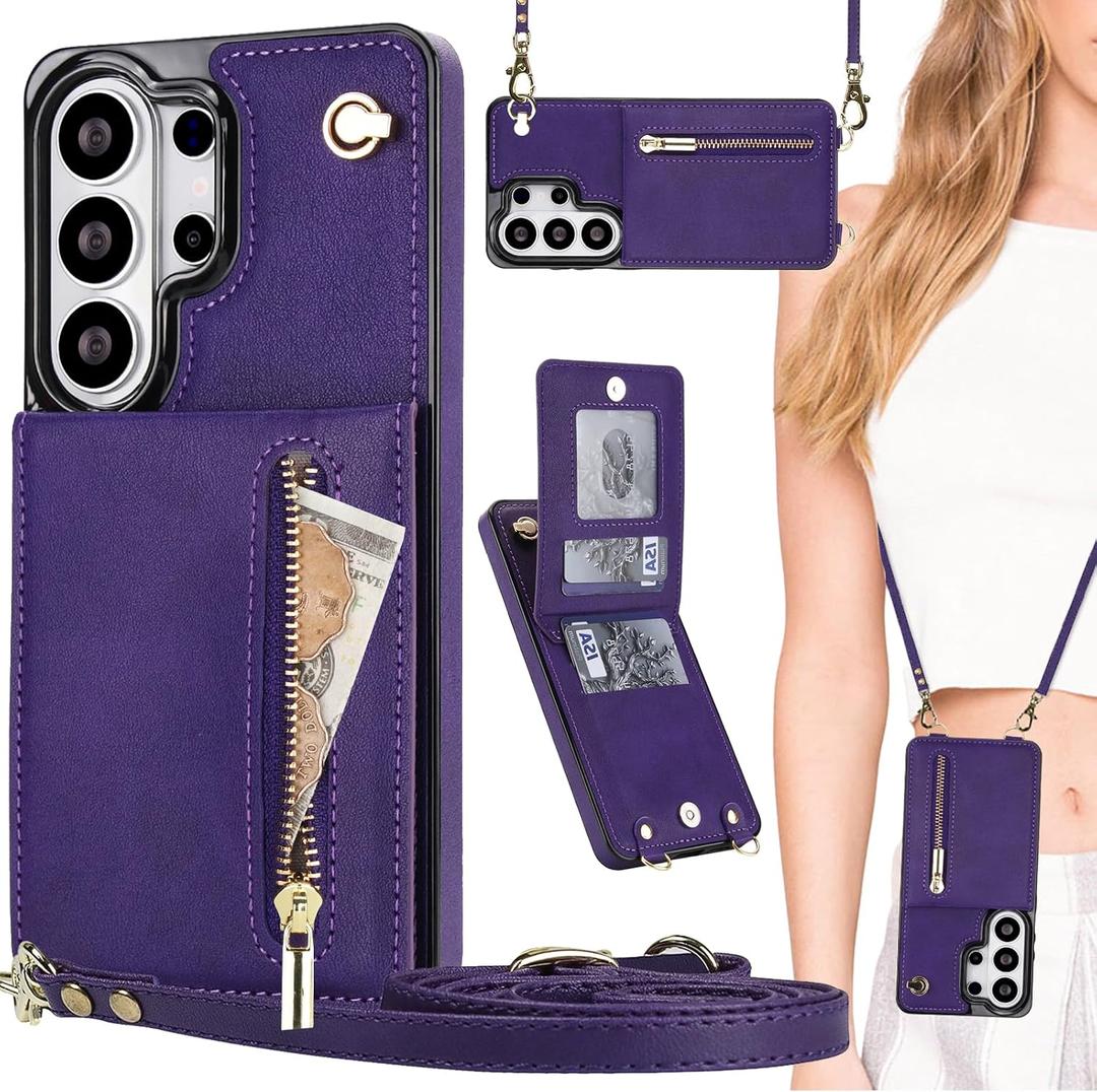 for Samsung Galaxy S26 Ultra Crossbody Wallet Case with Zipper Pocket for Women, PU Leather Lanyard Strap & Flip Kickstand Cover for Galaxy S26 Ultra ZP Purple
