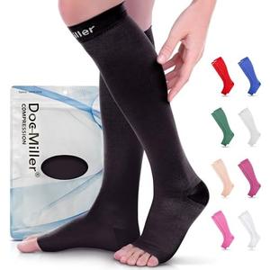 Doc Miller Open Toe Compression Socks for Women & Men 15–20 mmHg, Knee High Calf Support Sleeves, Graduated Stockings for Swelling Recovery, Circulation, 1 Pair Large