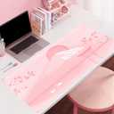 Cherry Blossom Mouse Pad Kawaii Pink Floral Desk Mat, Japanese Pastel Sakura Large Anime Gaming Mousepad XXL, Cute Aesthetic Mount Fuji Japan Keyboard Mats for Women Office Desk Pads 31.5"x15.75"