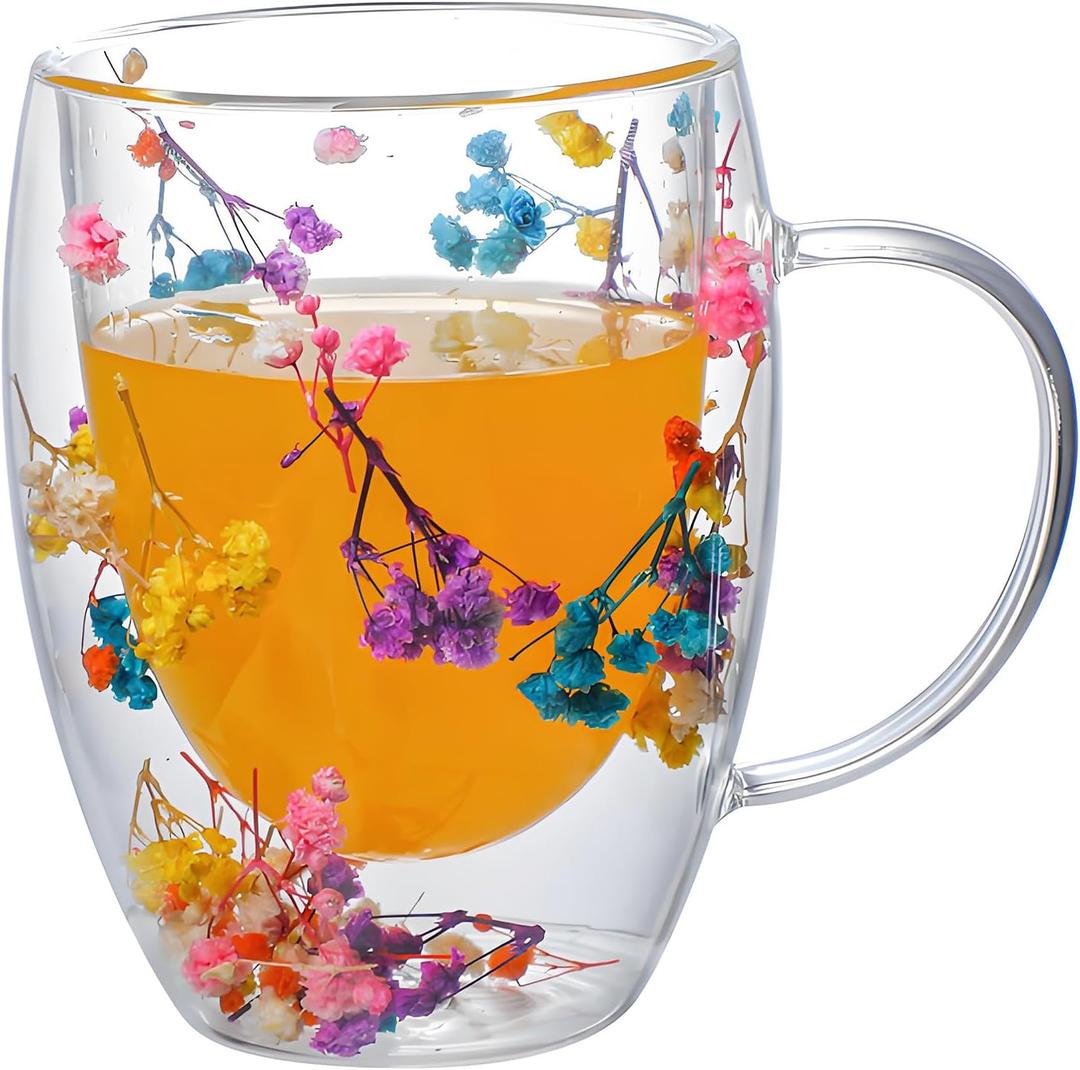 Double Walled Clear Glass Espresso Cups with Handle Cute Floral Latte Coffee Mugs for Women Unique Tea Mug Cappuccino Cups