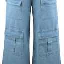 Women Multi Pocket Cargo Jeans Baggy Streetwear Y2k Trousers Flap Pocket Pants Wide Leg Cargo Pants (L)