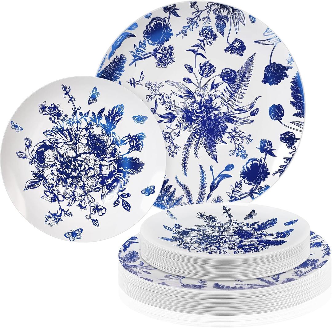 Kochorie 36 Pieces White & Blue Floral Disposable Plastic Plates, 10.25" and 7.5" Dinner and Dessert Plates Serving Dish Tray Heavy Duty Party Tableware Supplies for Weddings Birthdays