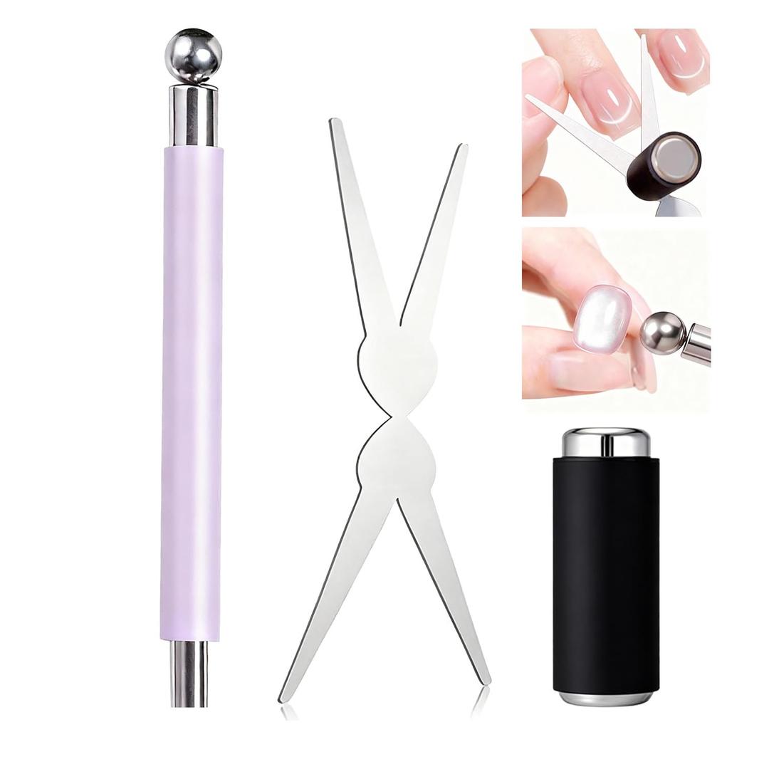 2 in 1 French Cat Eye Magnet Set, Double Head Scissor Magnet Tool for Cat Eye Gel Polish, Wand with Round Nail Magnet Beads, Manicure Art DIY for Home & Salon Use, Beginner Friendly