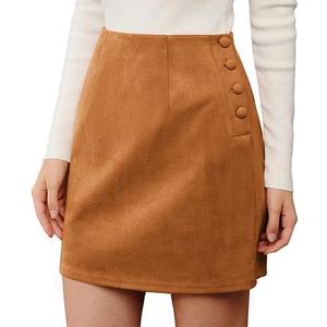 Women's Suede Skirt Solid High Waist Slit Metal Buckle Package Hip Commuter Casual Skirts, (Large,Brown)