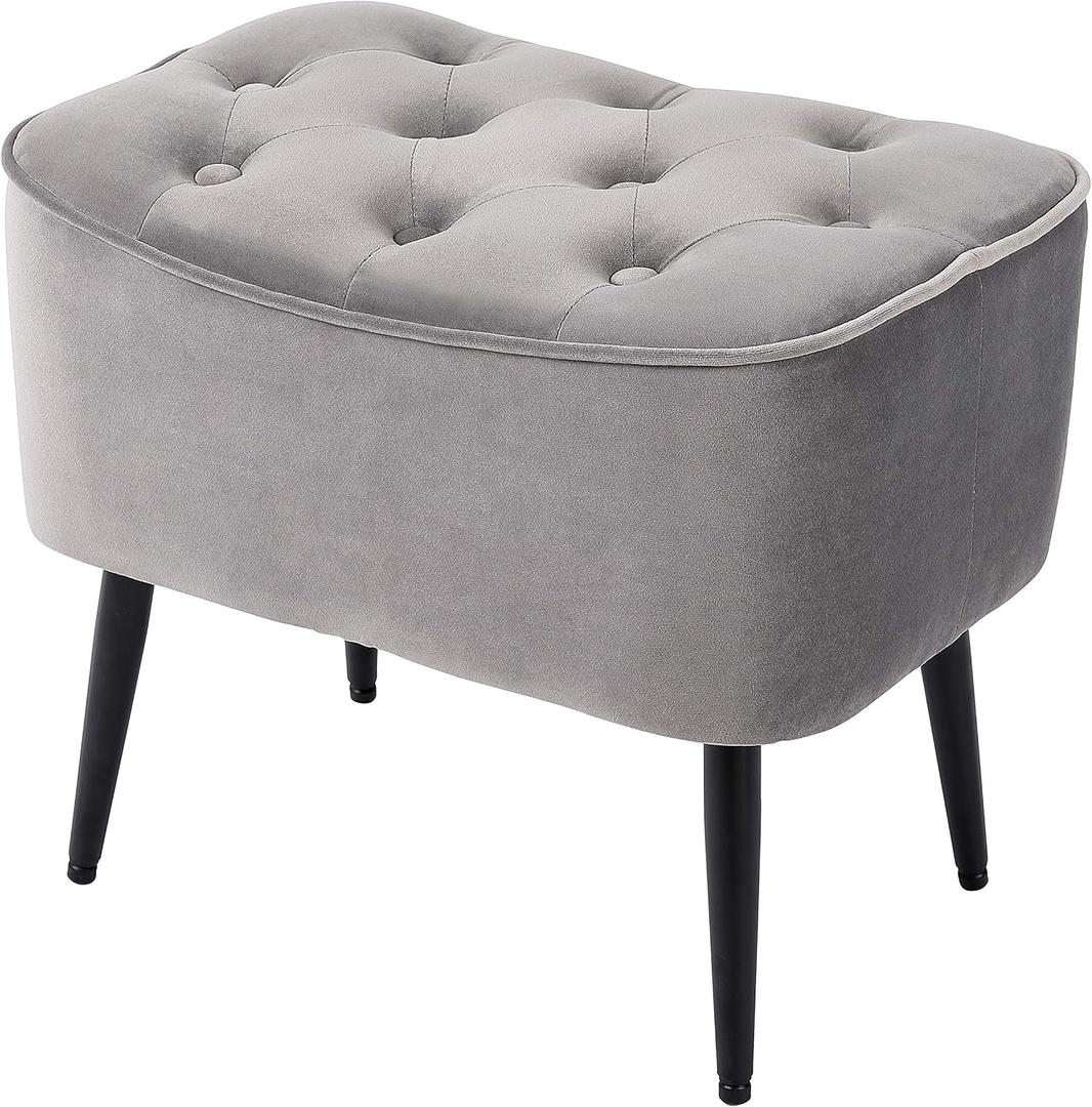BIRDROCK HOME Tufted Curve Ottoman Velvet Foot Stool - Modern Upholstered Padded Footrest for Living Room or Bedroom - Small Cushioned Accent Chair for Couch, Sofa, or Large Seating (Grey)