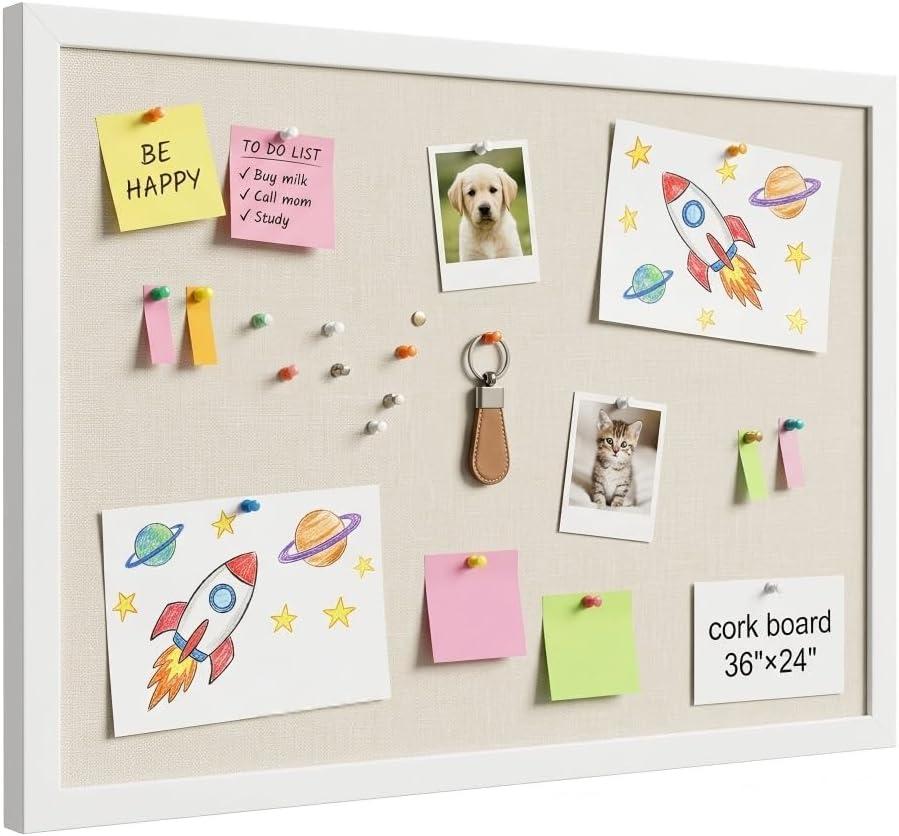 Gideal Cork Board with Pine Wood Frame, White Bulletin Board, Linen Surface, 36" x 24"