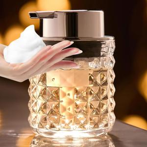 Foaming Hand Soap Dispenser, Glass Foam Soap Dispenser or Lotion Dispenser for Kitchen & Bathroom Refillable Clear Glass Liquid soap Dispenser with Large Silver Pump-1 Pack