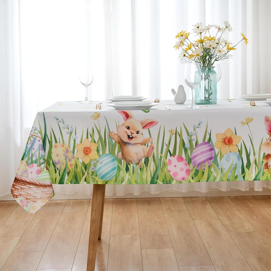 Spring Tablecloth 52x70 Easter Bunny Table Cloth - Oblong Polyester Holiday Rabbit Eggs Spring Floral Table Cover Washable Waterproof for Spring Party Family Gathering Kitchen Dining Decorations
