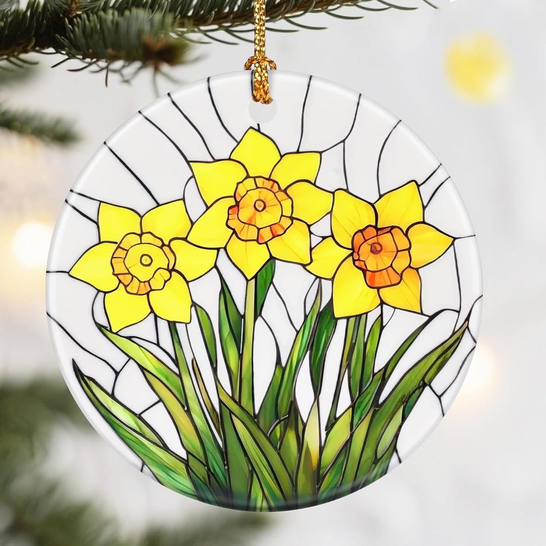 3 x Christmas Ornaments, 2.8in Ceramic Birth Flower Ornament, Xmas Decor, Christmas Tree Ornaments, Xmas Decorations for Tree, Holiday Ornament, Birth Flower Gifts, Gift Ideas, Gifts for Women - Mar