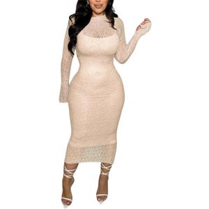 Women's Elegant Bodycon Midi Dress Lace Party Cocktail Wedding Guest Dress (Large, Beige)