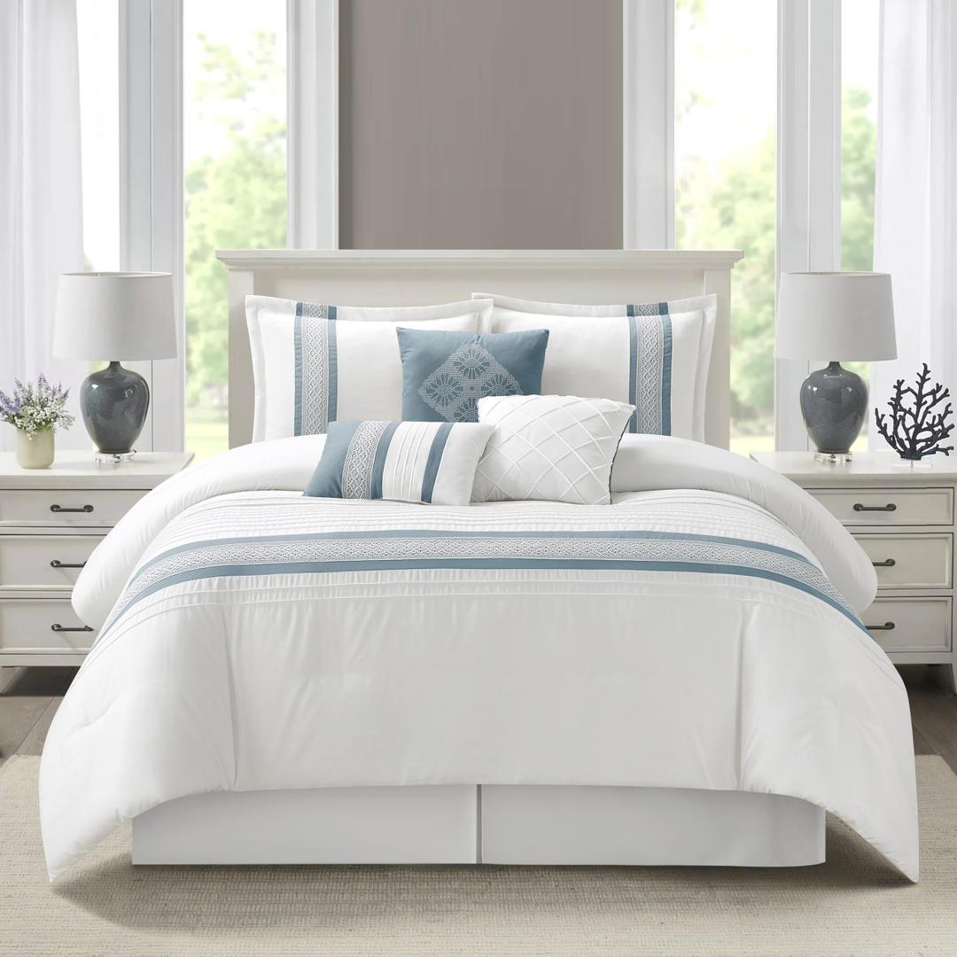Stratford Park 7 Piece Striped Blue Comforter Set, King Size Microfiber Bedding, All Season Polyester Bedding Set, Matching Bed Skirt, Pillows & Shams