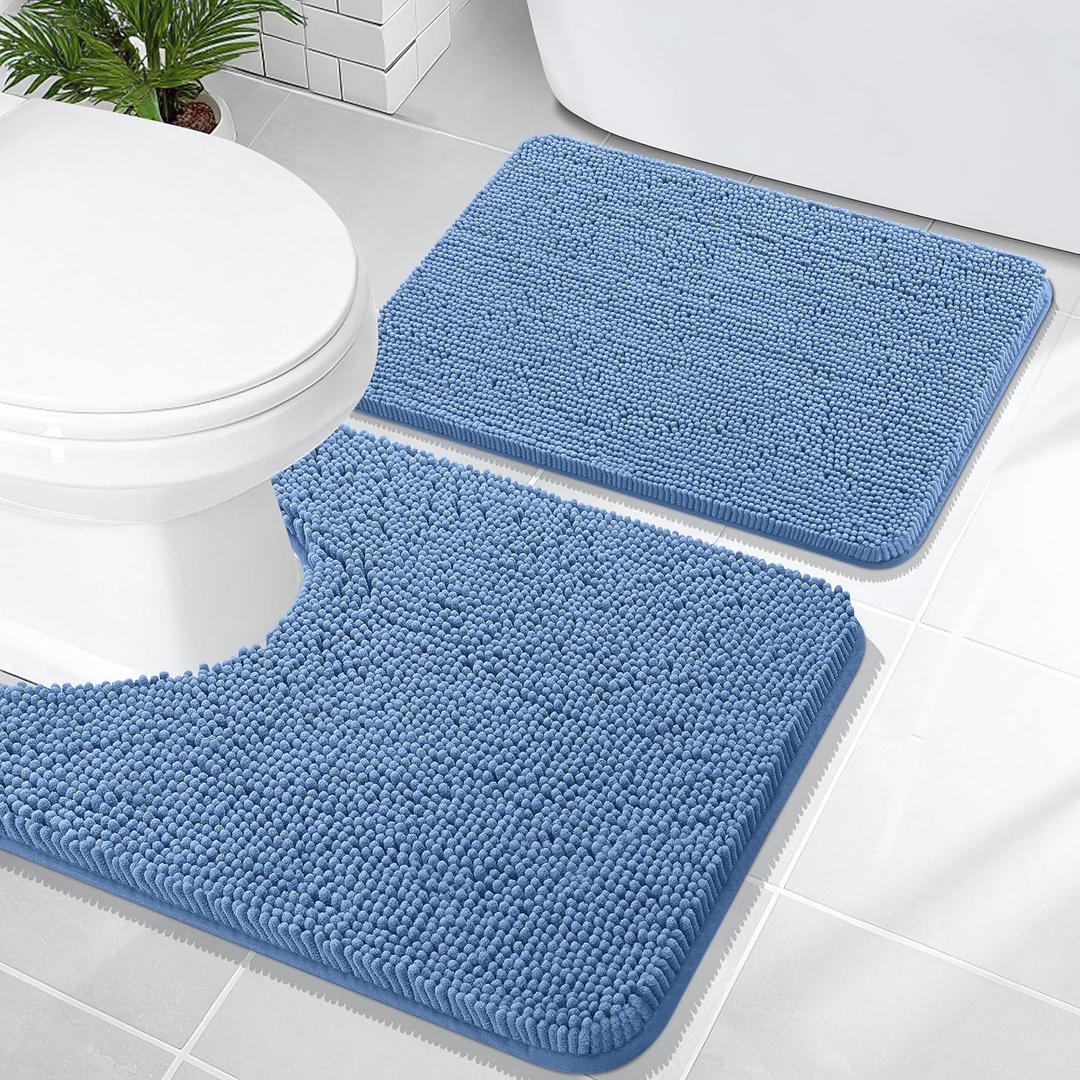 OLANLY Bathroom Rugs Sets 2 Piece, Soft Absorbent Chenille Bath Mats and U-Shaped Contour Toilet Rug Set, Machine Washable Bath Carpet, Home Decor Accessories(24"x16"+24"x20", Cornflower Blue)