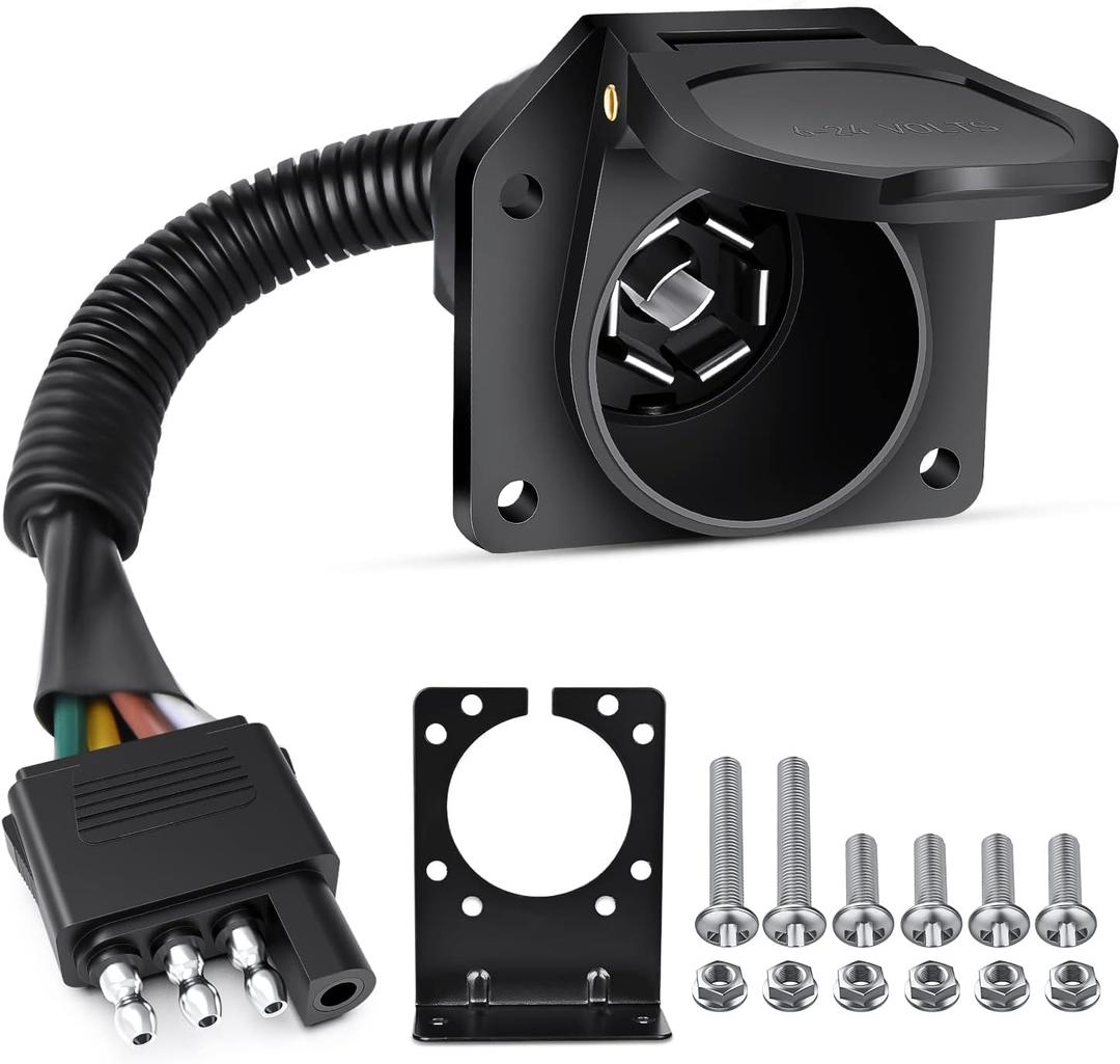 Nilight 4 Way Flat to 7 Way Round Blade Trailer Adapter Wiring Harness 4 Pin to 7 Pin Electrical Connect Wiring Plug Connector with Mounting Bracket for RV Truck Factory Tow Package