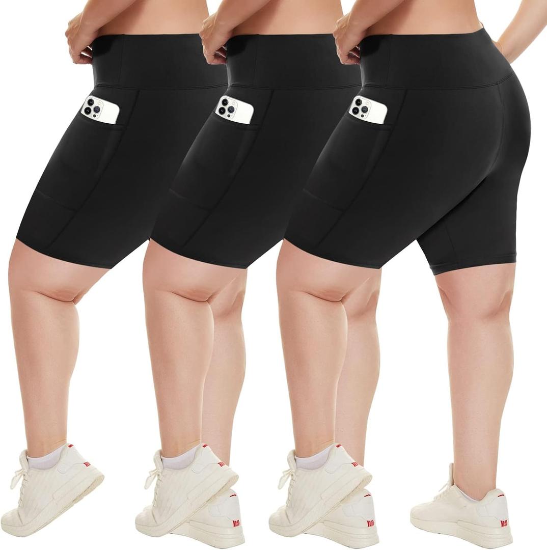 HLTPRO 3 Pack Plus Size Biker Shorts with Pockets for Women (S-4XL)- 8"/5"/3" High Waist Tummy Control Shorts for Yoga (Black/ Black/ Black), 3 XL