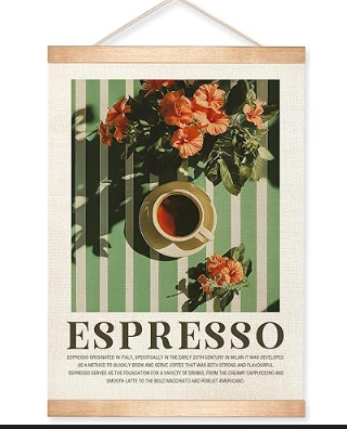 HEYJEEPER Vintage Espresso Coffee Wall Art Poster, Boho Green Striped Floral Linen Poster for Kitchen Coffee Bar Cafe Shop, or Office Wall Hanging Decor Wall Decor with Wood Frame Kitchen, Café 14 x 18 inch