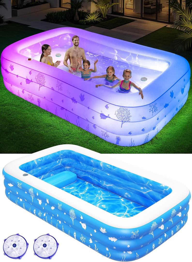 Inflatable Pool with Seat and Pool Lights, Durable Thickened Large Size Family Inflatable Pools for Adults Blow Up Pools,100" x 63" x 22" Swimming Inflatable Kids PooI for Backyard, Outdoor (White)