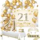 Roetyce 21st Birthday Decorations for Her, White and Gold Happy 21st Birthday Banner Balloons Arch Tablecloth, Gold 21st Birthday Sash and Crown, Girls 21 Years Old Birthday Party Supplies Background