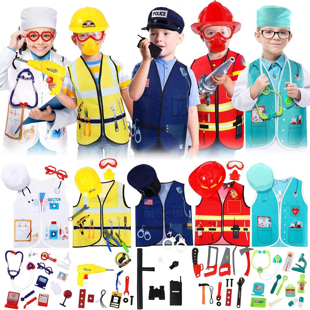 Deekin 5 Sets Kids Dress up Costumes, Toddler Dress up Clothes for Boys Girls, Community Helpers Construction Worker Police Firefighter Doctor Surgeon Pretend Outfits for Ages 37