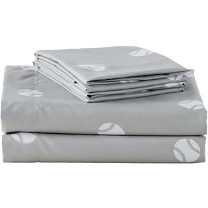 Chezmoi Collection 4-Piece Kids/Teens Sports Sheet Set - Soft Microfiber Gray White Baseball, Full Size