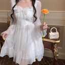 Lolita Dress White Kawaii Dress Women Chiffon Lolita Long Sleeve Mini Dresses Bow Fairy Robe Ruffles (White, M)