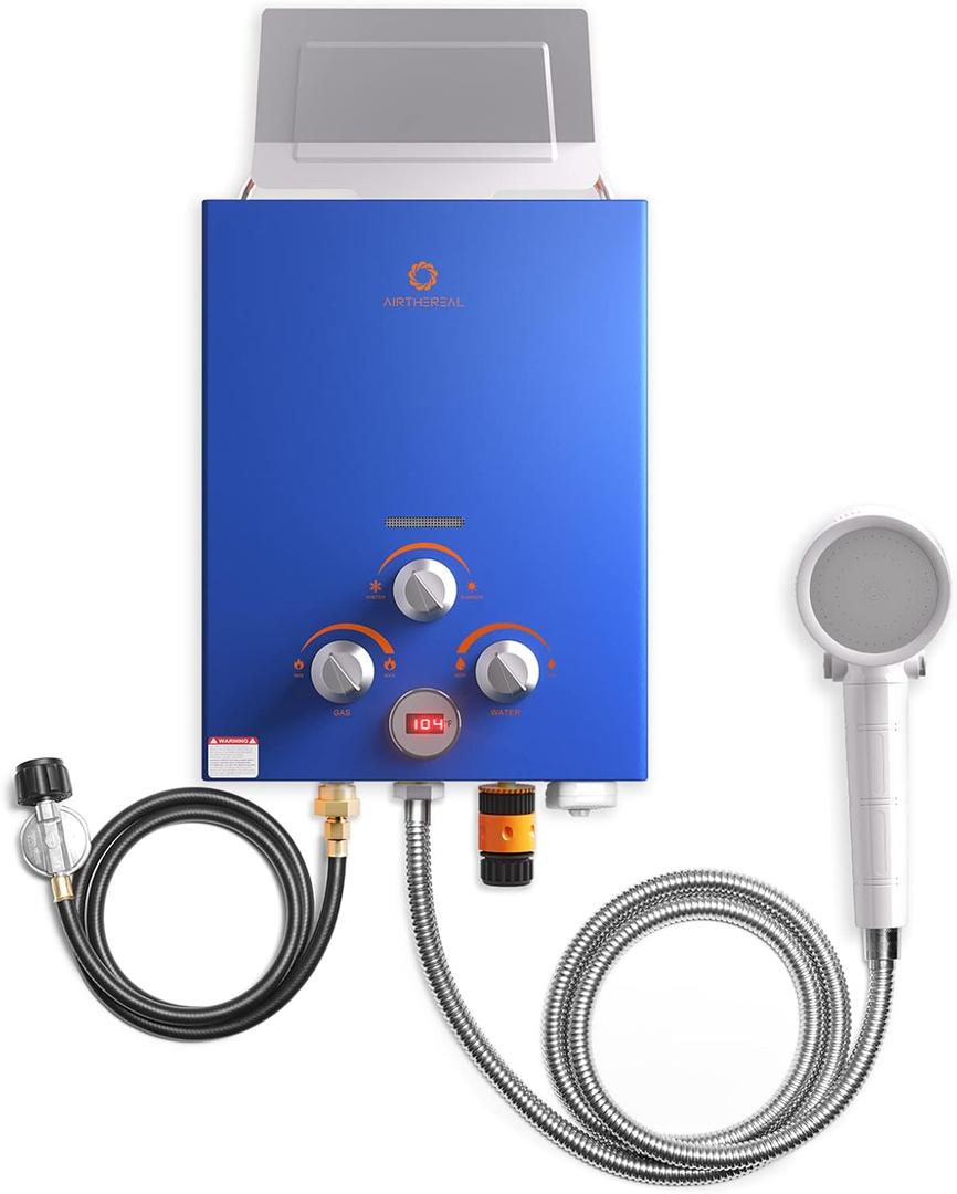 Airthereal 6L 1.58GPM Outdoor Portable Propane Gas Tankless Water Heater, Instant Propane Water Heater, Overheating Protection, Use for Camping, RV and Pet Bath, Evenfall series, Blue