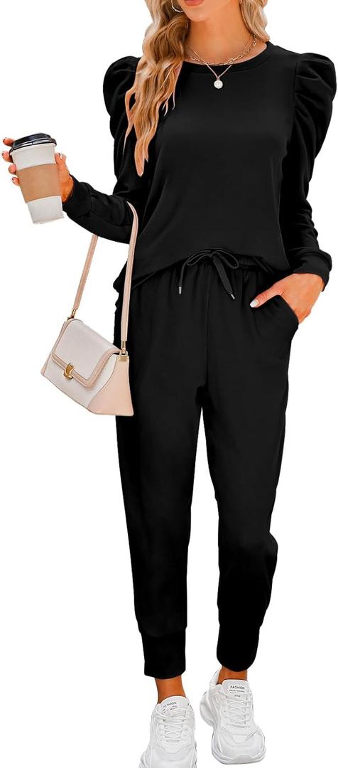 Onedreamer Sweatsuits for Women 2 Piece Outfits Puff Long Sleeve Crewneck Pullover Sweatshirt Jogger Lounge Sets (Medium, Black)